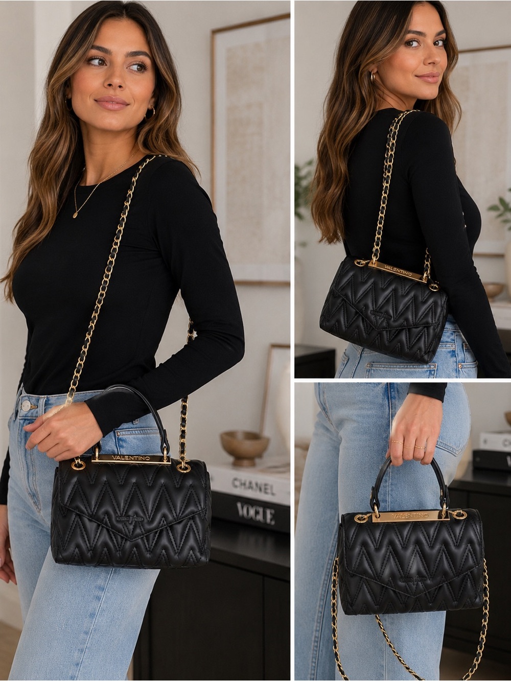 Valentino Black Quilted Mini Top-Handle with Gold Chain